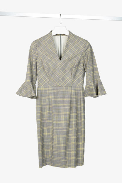 Escada Dinfo Limonade Glen-Plaid Wool Flounce-Sleeve Dress