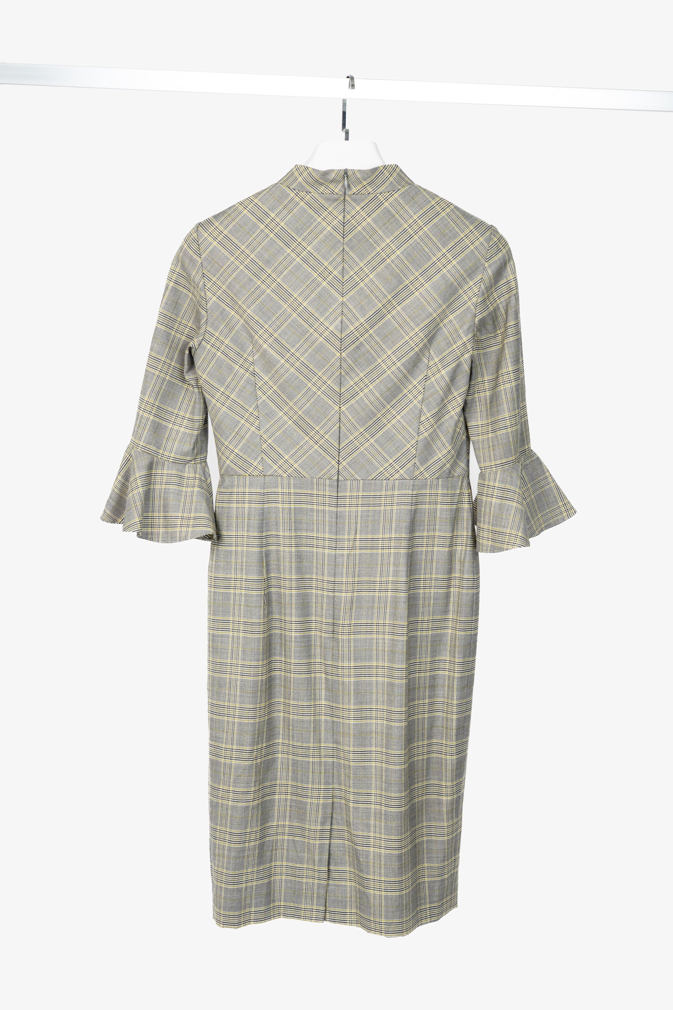 Escada Dinfo Limonade Glen-Plaid Wool Flounce-Sleeve Dress