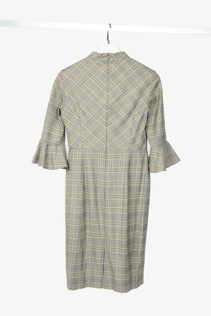 Escada Dinfo Limonade Glen-Plaid Wool Flounce-Sleeve Dress