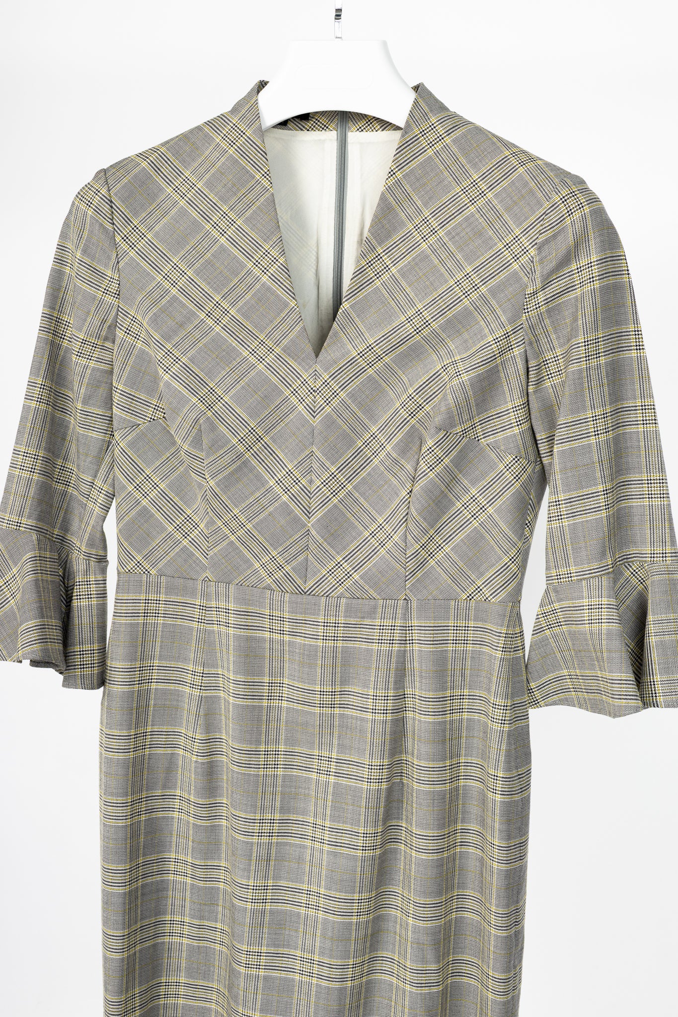 Escada Dinfo Limonade Glen-Plaid Wool Flounce-Sleeve Dress