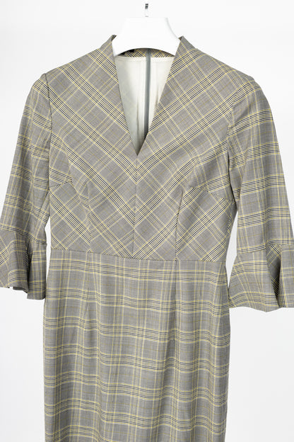 Escada Dinfo Limonade Glen-Plaid Wool Flounce-Sleeve Dress