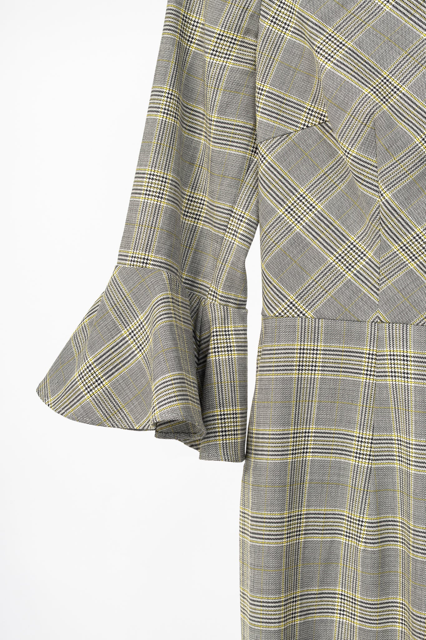 Escada Dinfo Limonade Glen-Plaid Wool Flounce-Sleeve Dress