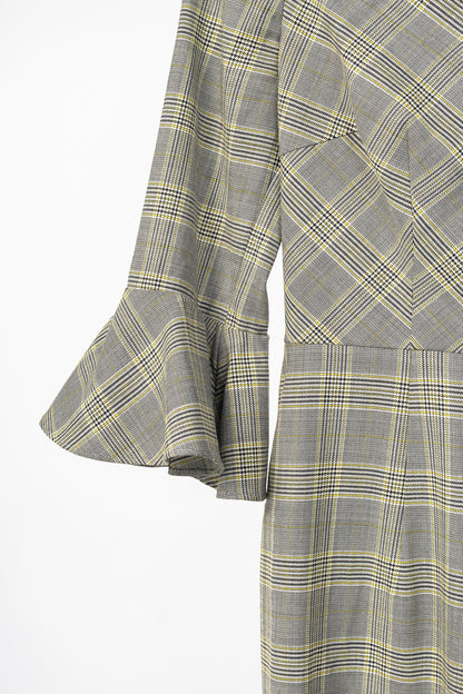 Escada Dinfo Limonade Glen-Plaid Wool Flounce-Sleeve Dress