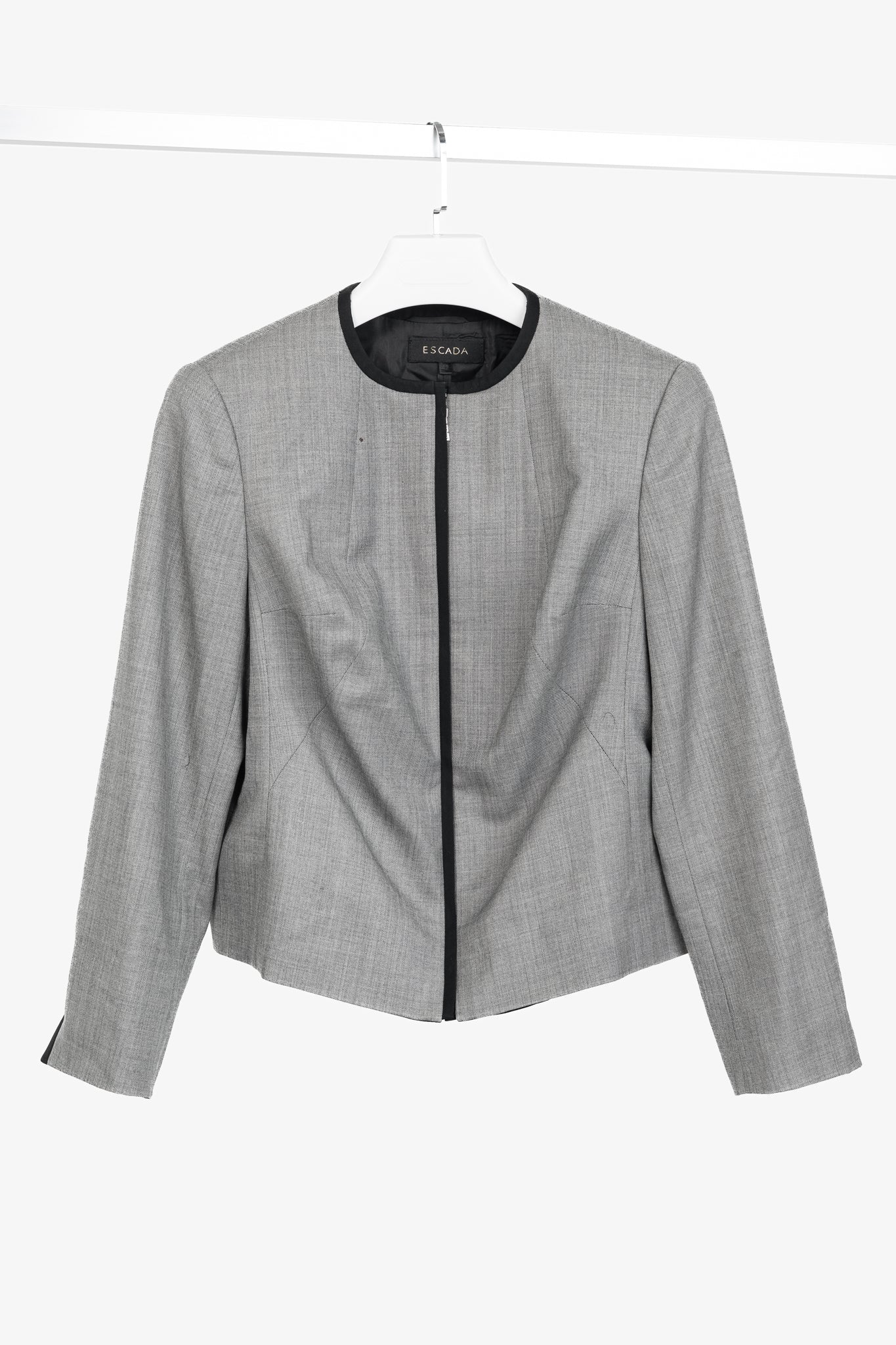 Escada Grey Wool Contrast-Piping Zip Blazer