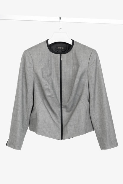 Escada Grey Wool Contrast-Piping Zip Blazer