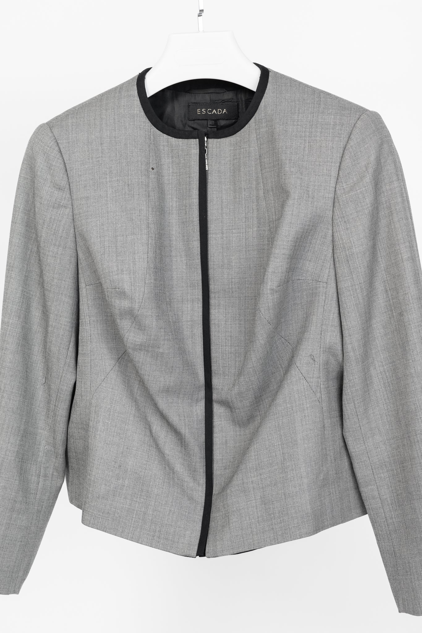 Escada Grey Wool Contrast-Piping Zip Blazer