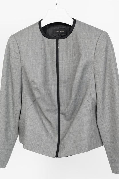 Escada Grey Wool Contrast-Piping Zip Blazer