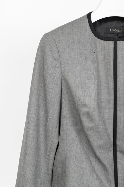 Escada Grey Wool Contrast-Piping Zip Blazer