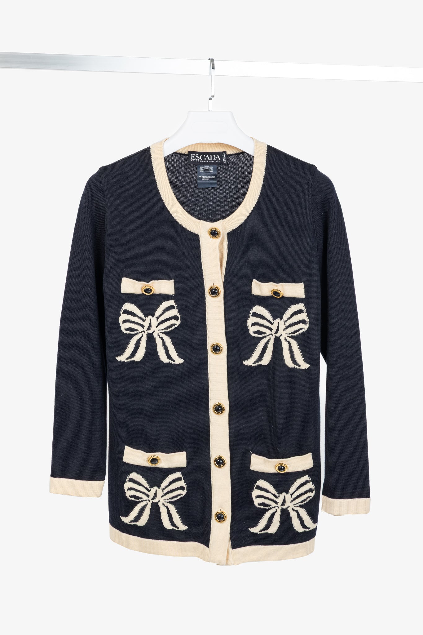 Escada by Margaretha Ley Navy Wool-Knit Bow Button Cardigan