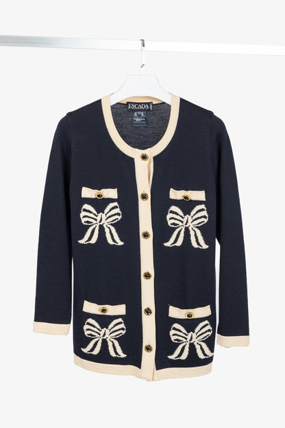 Escada by Margaretha Ley Navy Wool-Knit Bow Button Cardigan