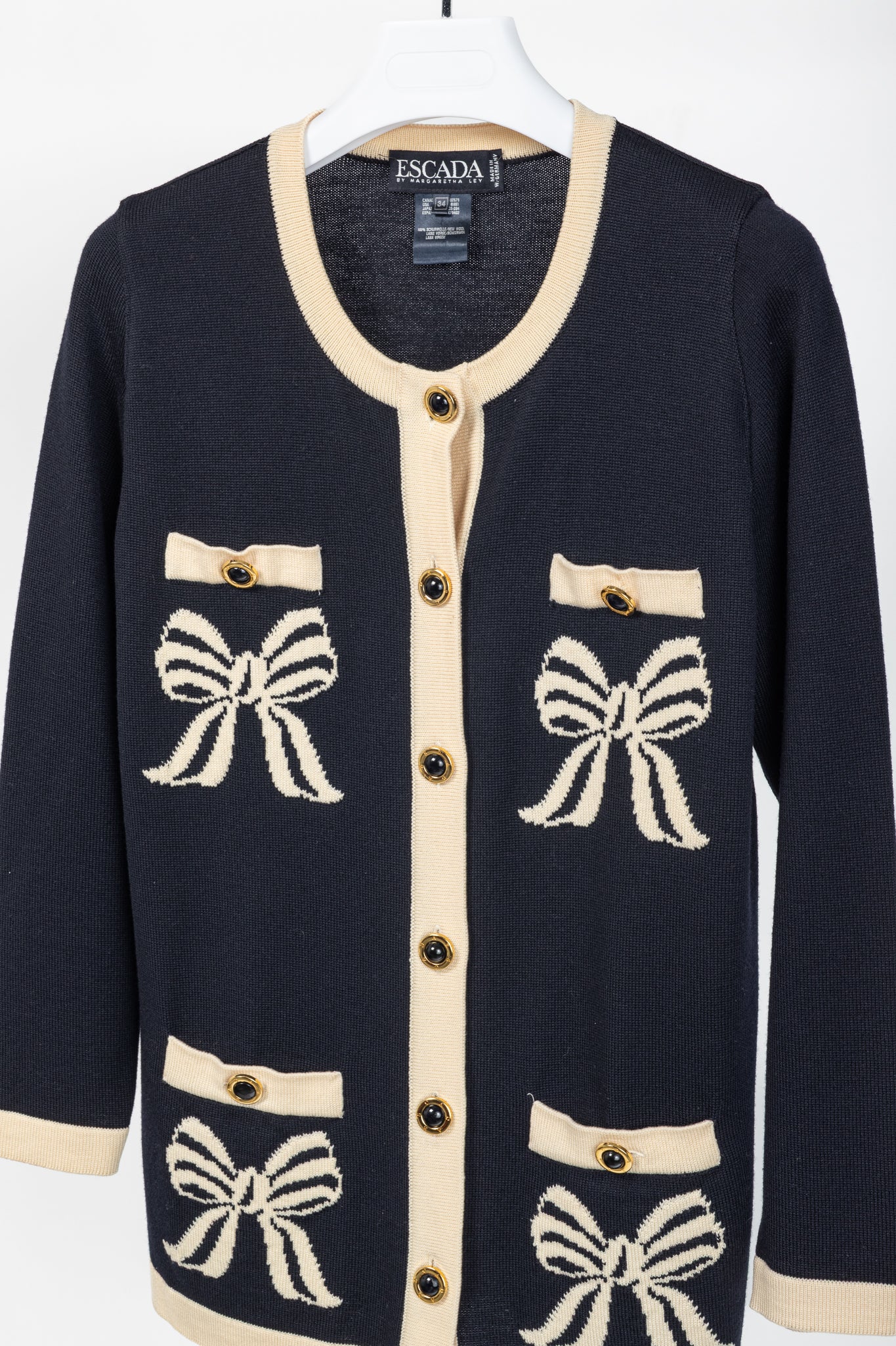 Escada by Margaretha Ley Navy Wool-Knit Bow Button Cardigan