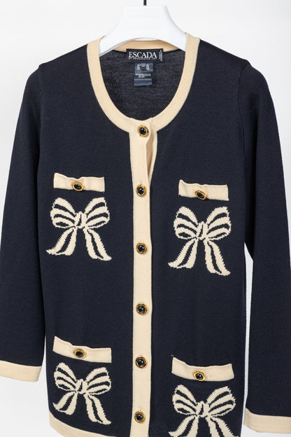 Escada by Margaretha Ley Navy Wool-Knit Bow Button Cardigan