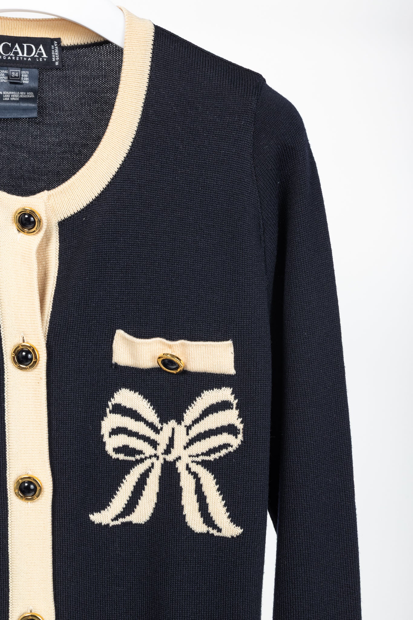 Escada by Margaretha Ley Navy Wool-Knit Bow Button Cardigan