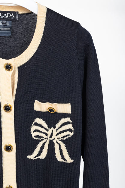 Escada by Margaretha Ley Navy Wool-Knit Bow Button Cardigan