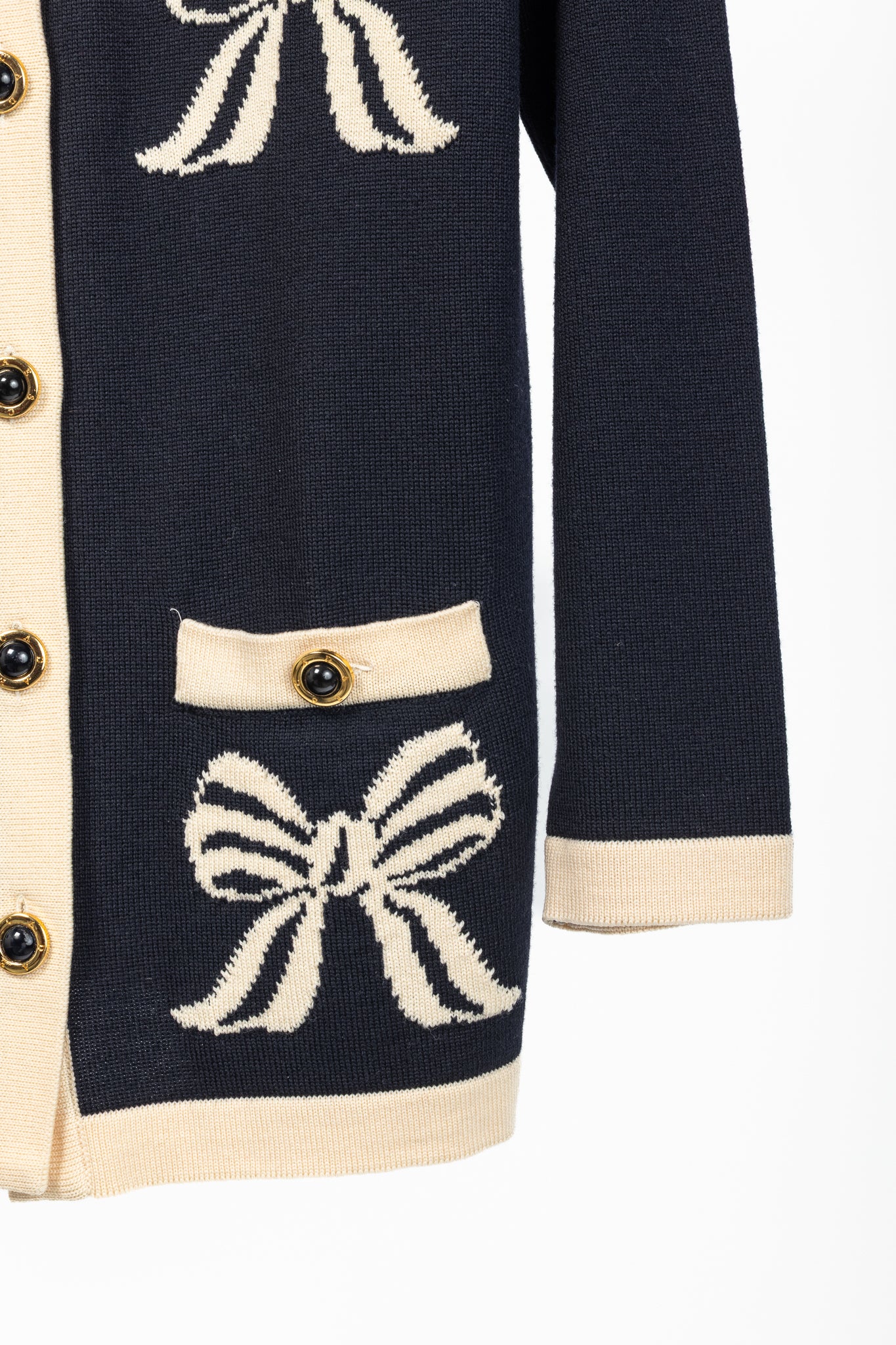 Escada by Margaretha Ley Navy Wool-Knit Bow Button Cardigan
