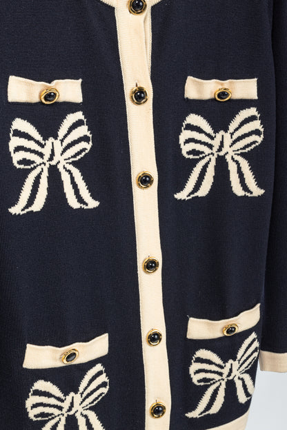 Escada by Margaretha Ley Navy Wool-Knit Bow Button Cardigan