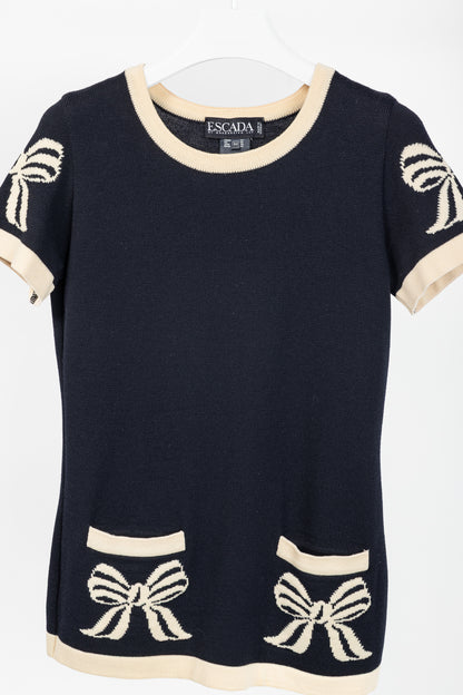 Escada by Margaretha Ley Navy Wool-Knit Piped Sweater & Skirt Set