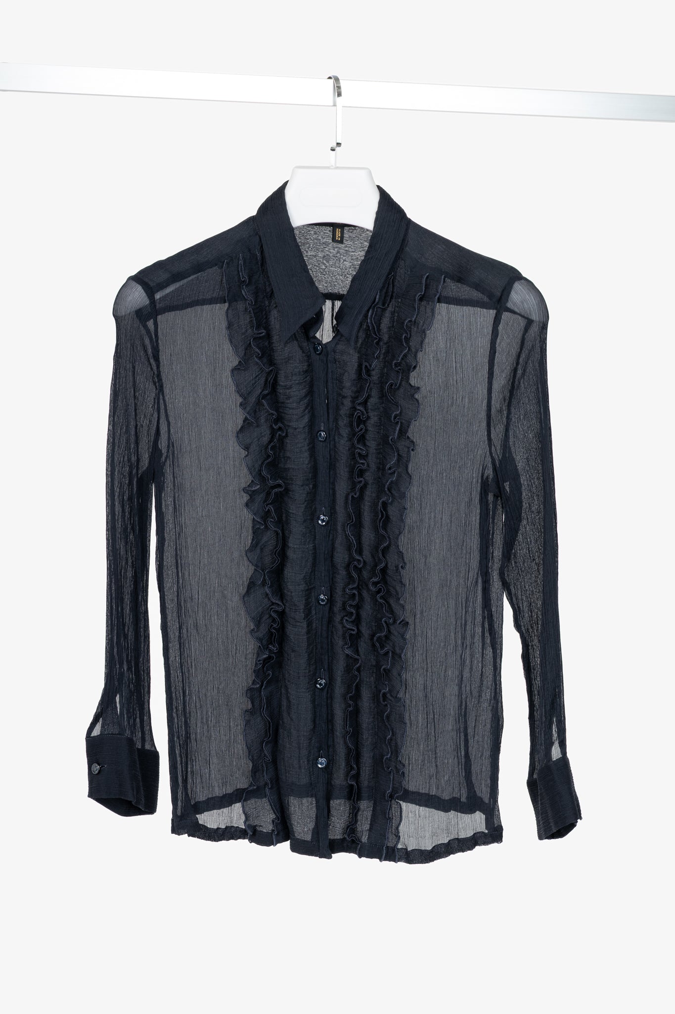 Escada Navy Silk Crepe Ruffle Buttoned Blouse