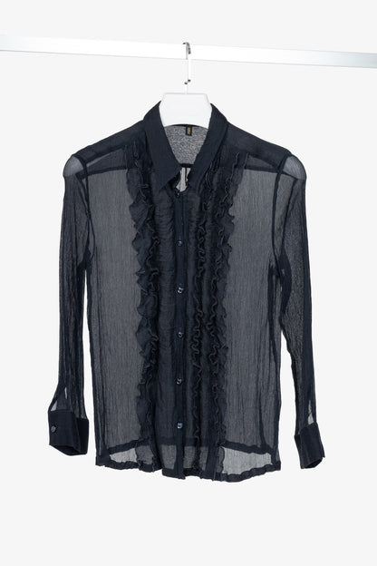 Escada Navy Silk Crepe Ruffle Buttoned Blouse
