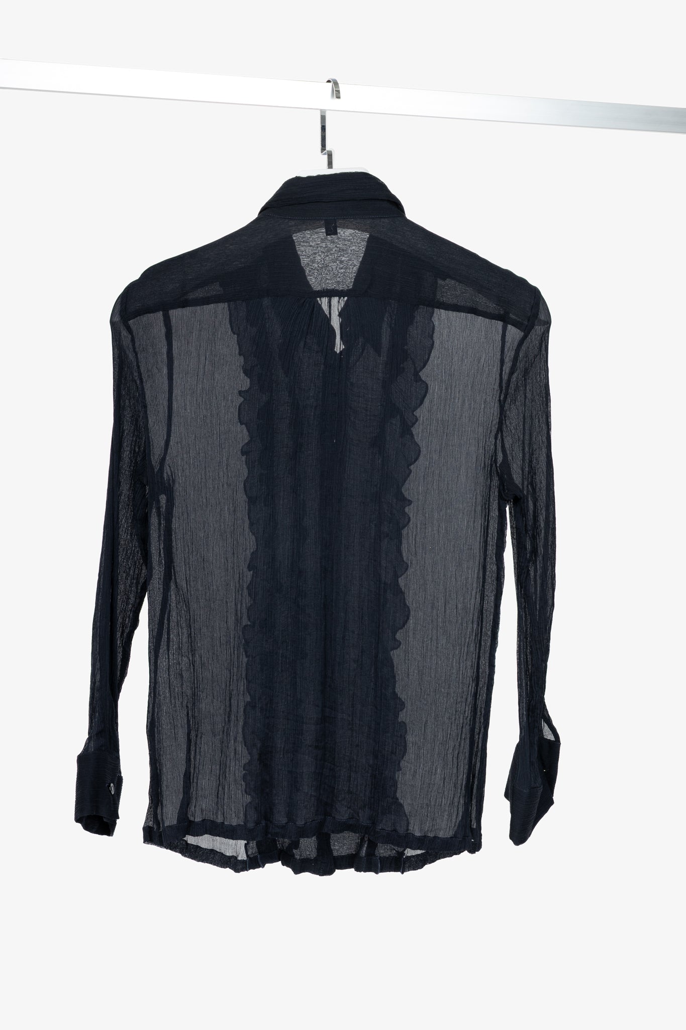 Escada Navy Silk Crepe Ruffle Buttoned Blouse