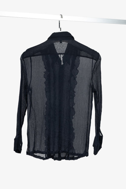 Escada Navy Silk Crepe Ruffle Buttoned Blouse