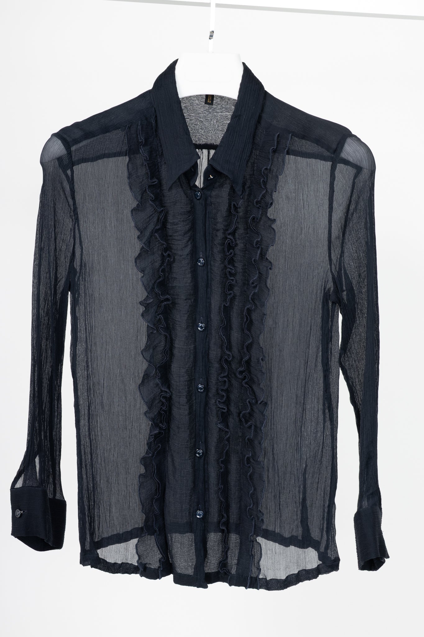 Escada Navy Silk Crepe Ruffle Buttoned Blouse