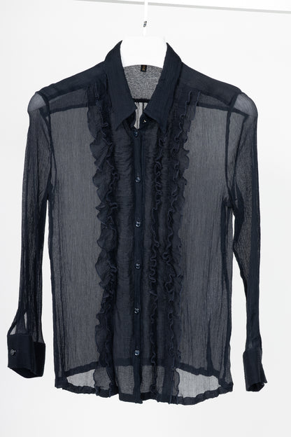 Escada Navy Silk Crepe Ruffle Buttoned Blouse