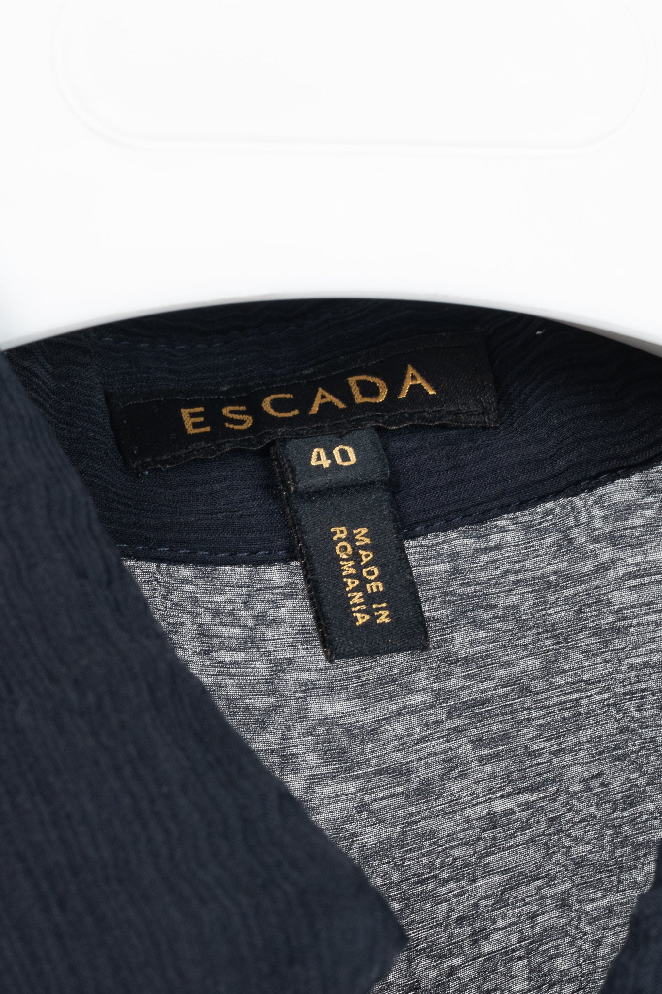 Escada Navy Silk Crepe Ruffle Buttoned Blouse