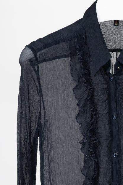 Escada Navy Silk Crepe Ruffle Buttoned Blouse