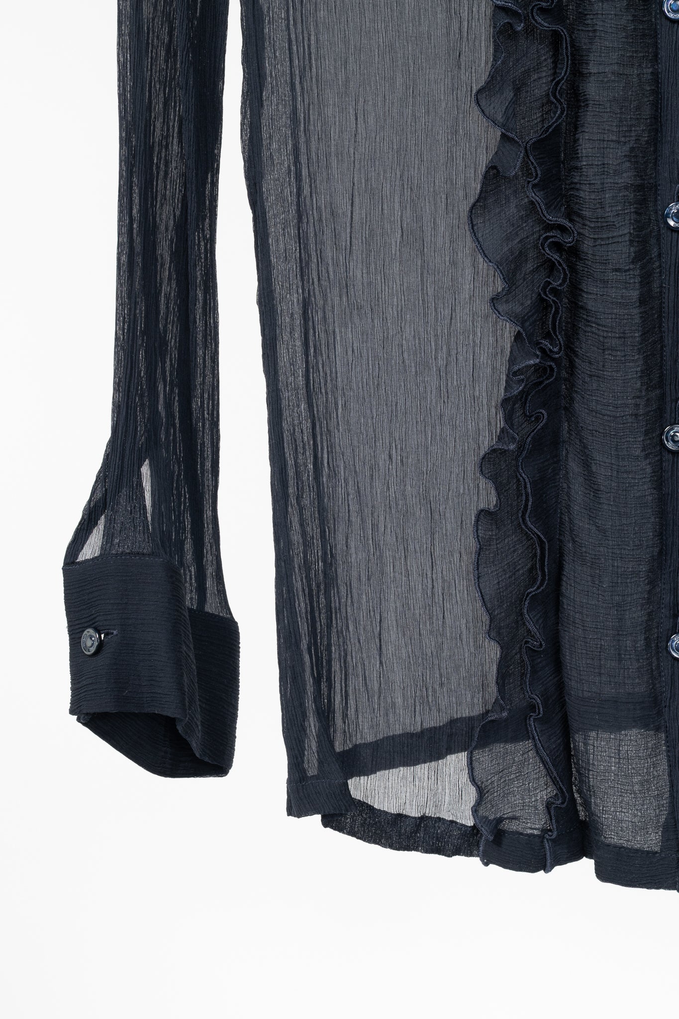 Escada Navy Silk Crepe Ruffle Buttoned Blouse
