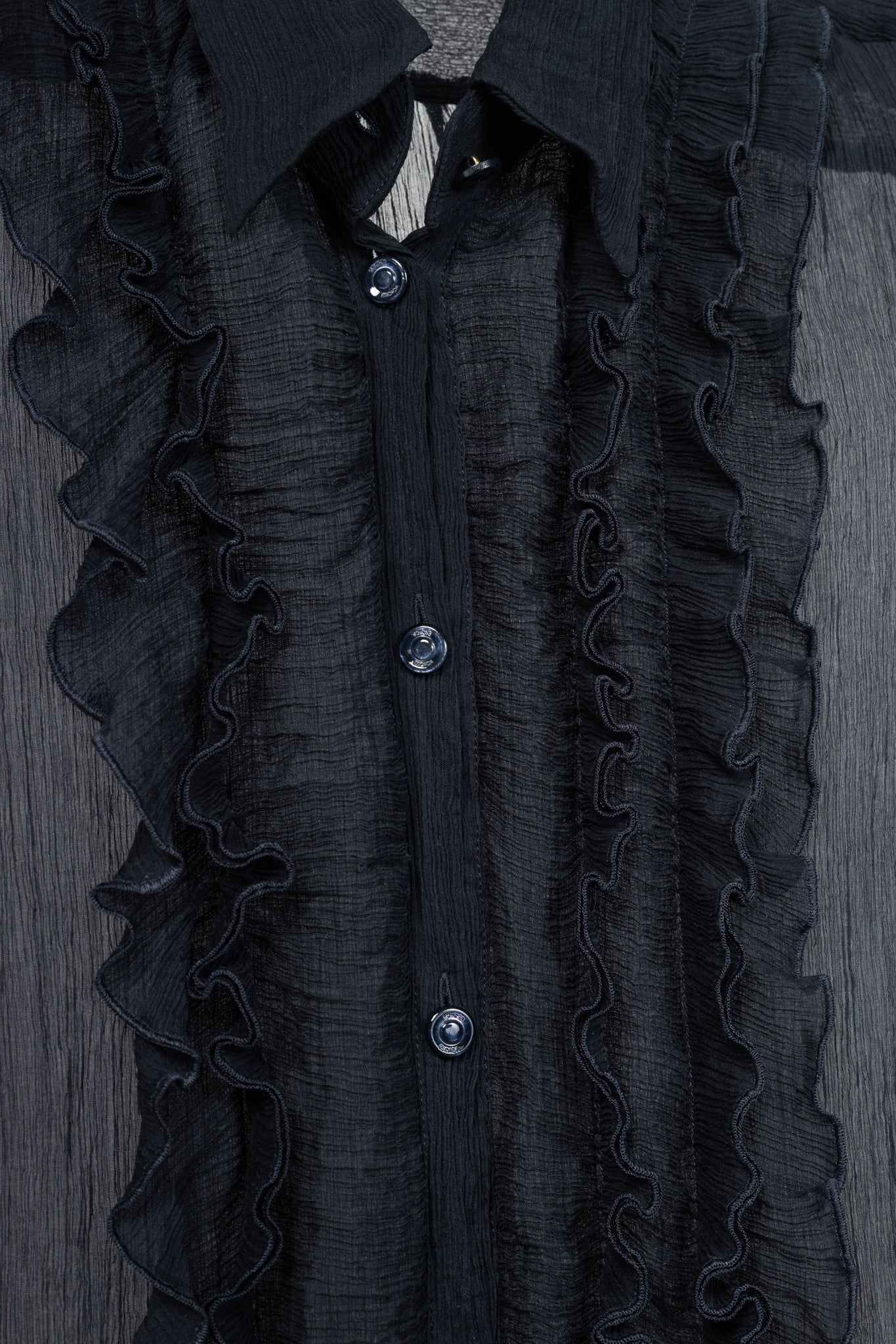 Escada Navy Silk Crepe Ruffle Buttoned Blouse