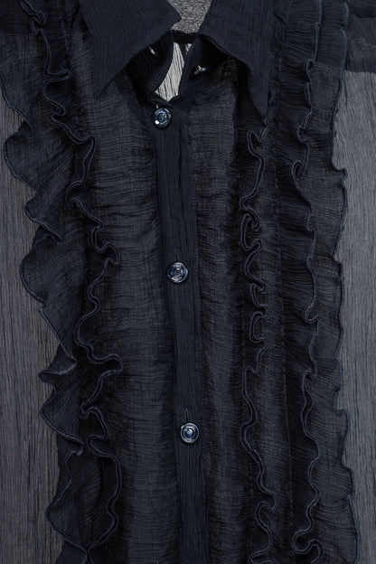 Escada Navy Silk Crepe Ruffle Buttoned Blouse