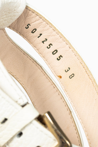 Escada SS14 White & Brown Snakeskin-Embossed T-Strap Mirror-Heel Sandals