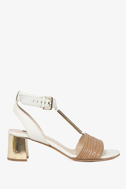 Escada SS14 White & Brown Snakeskin-Embossed T-Strap Mirror-Heel Sandals
