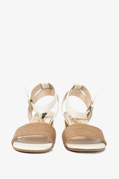 Escada SS14 White & Brown Snakeskin-Embossed T-Strap Mirror-Heel Sandals