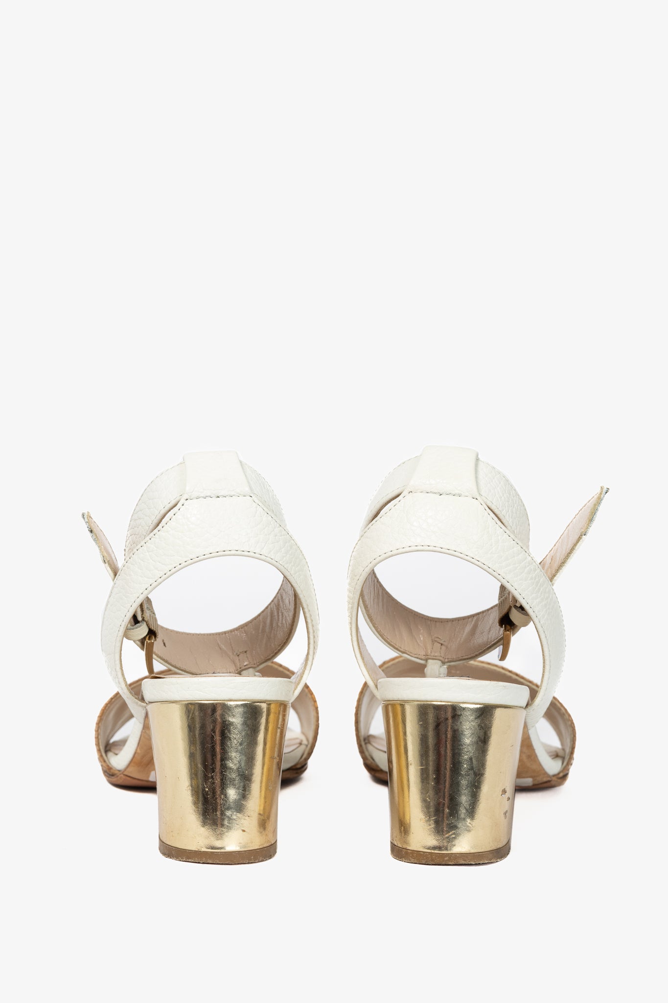 Escada SS14 White & Brown Snakeskin-Embossed T-Strap Mirror-Heel Sandals