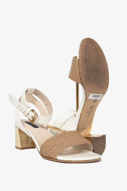 Escada SS14 White & Brown Snakeskin-Embossed T-Strap Mirror-Heel Sandals