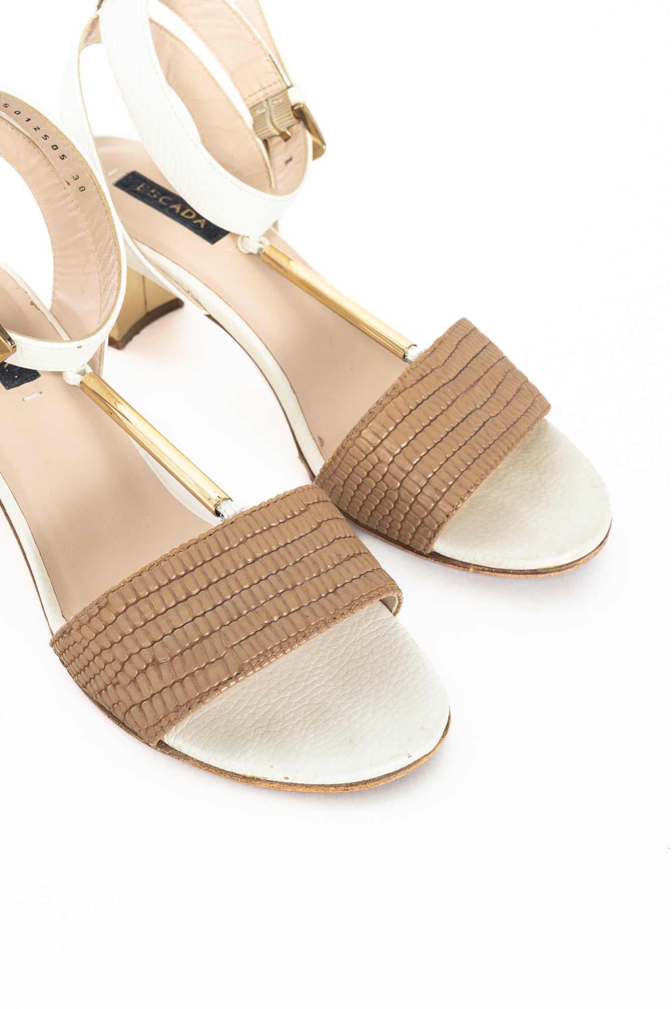 Escada SS14 White & Brown Snakeskin-Embossed T-Strap Mirror-Heel Sandals