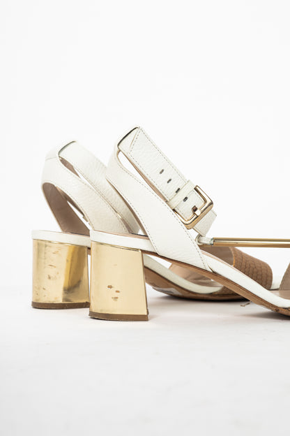 Escada SS14 White & Brown Snakeskin-Embossed T-Strap Mirror-Heel Sandals