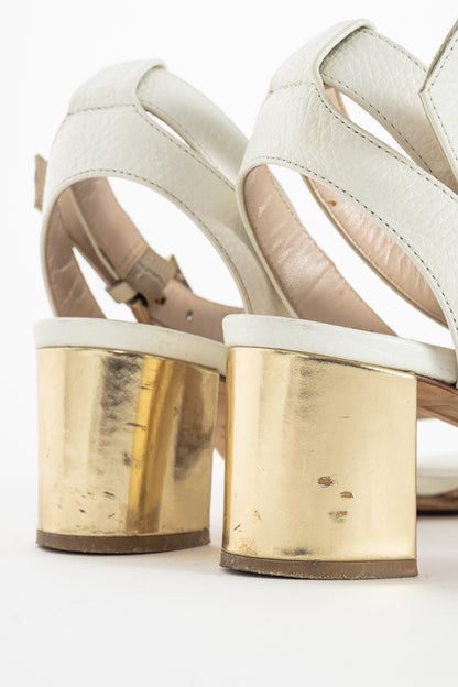 Escada SS14 White & Brown Snakeskin-Embossed T-Strap Mirror-Heel Sandals