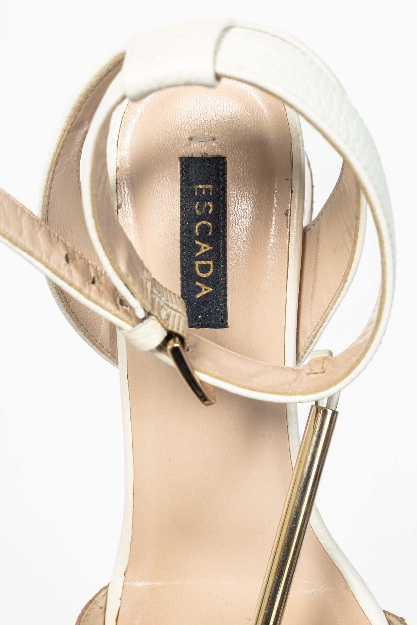 Escada SS14 White & Brown Snakeskin-Embossed T-Strap Mirror-Heel Sandals