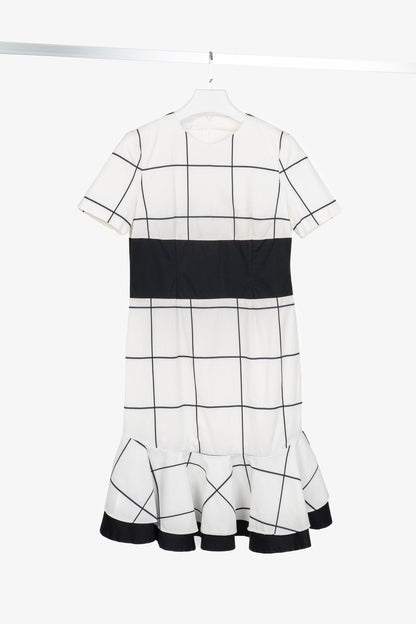 Escada Sport White Windowpane Cotton Flounce-Hem Dress
