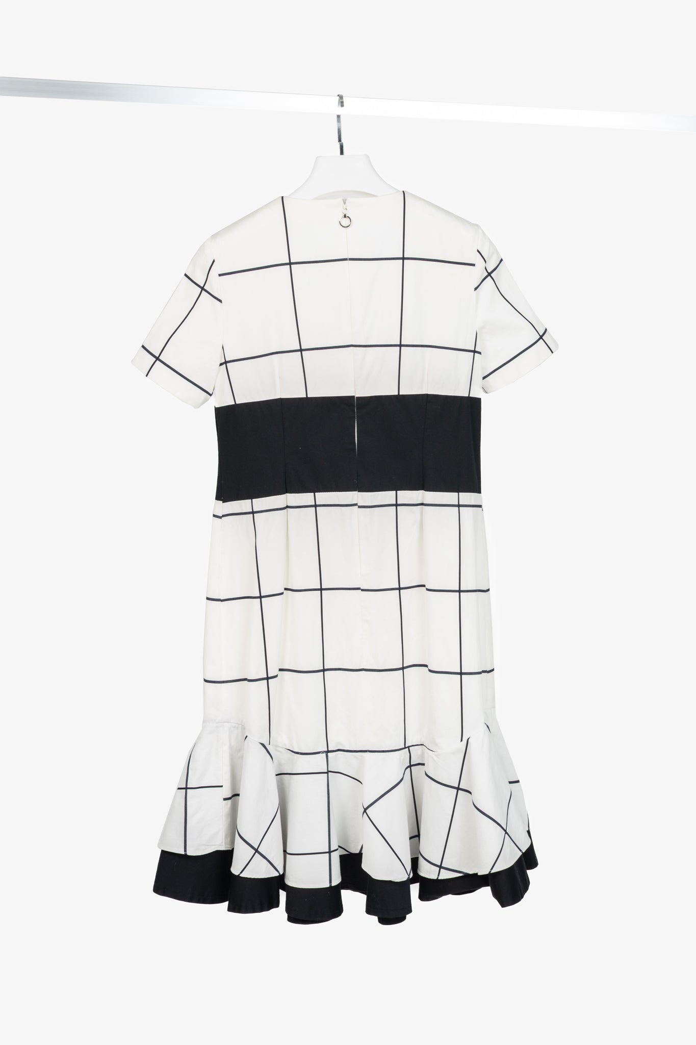 Escada Sport White Windowpane Cotton Flounce-Hem Dress
