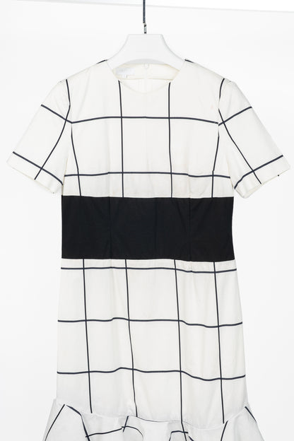 Escada Sport White Windowpane Cotton Flounce-Hem Dress