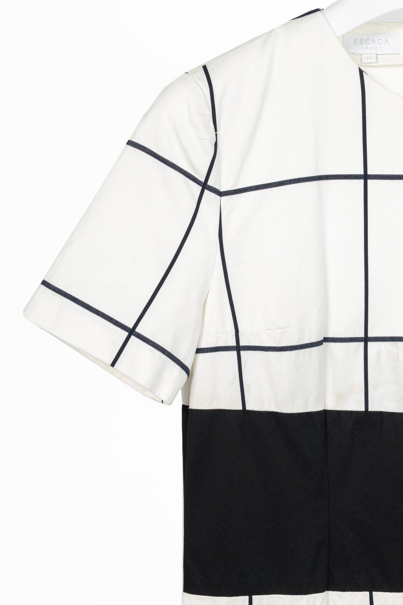 Escada Sport White Windowpane Cotton Flounce-Hem Dress