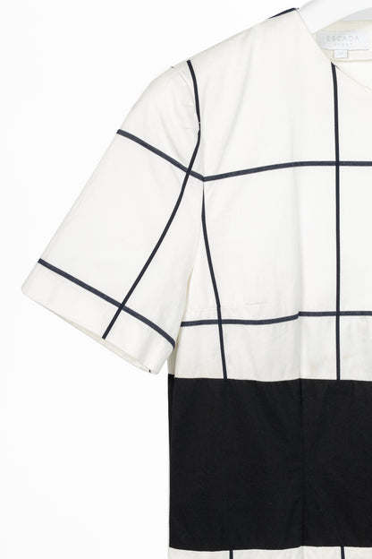 Escada Sport White Windowpane Cotton Flounce-Hem Dress