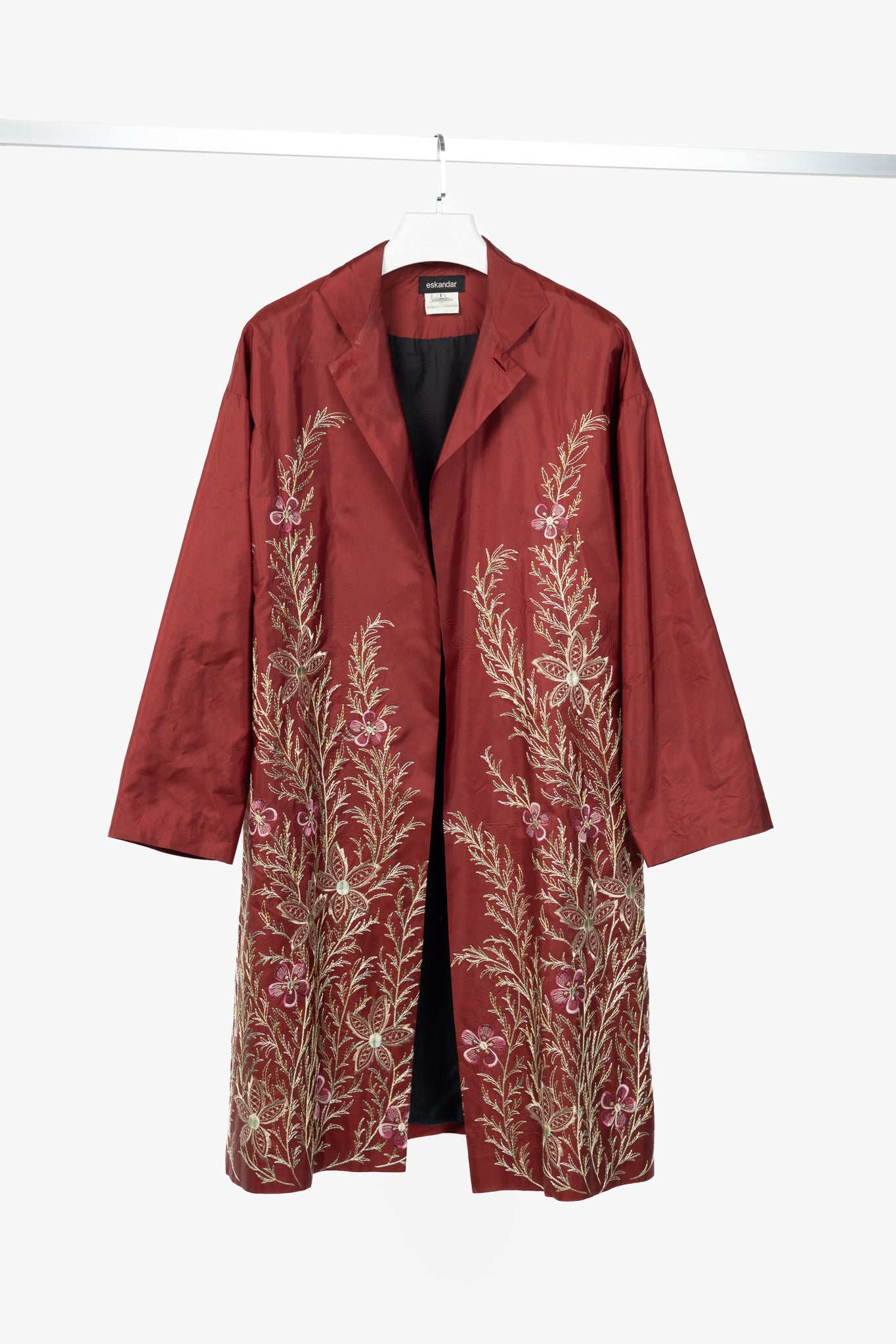 eskandar Red Silk Taffeta Floral-Embroidered Topper Coat