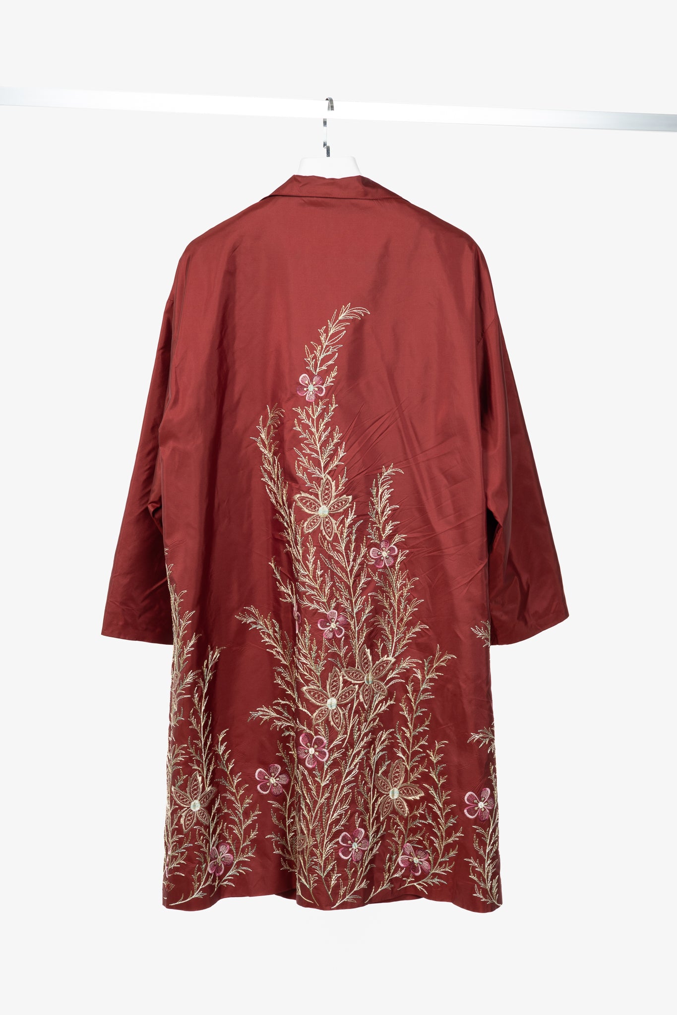 eskandar Red Silk Taffeta Floral-Embroidered Topper Coat