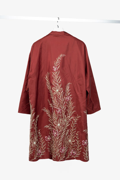 eskandar Red Silk Taffeta Floral-Embroidered Topper Coat