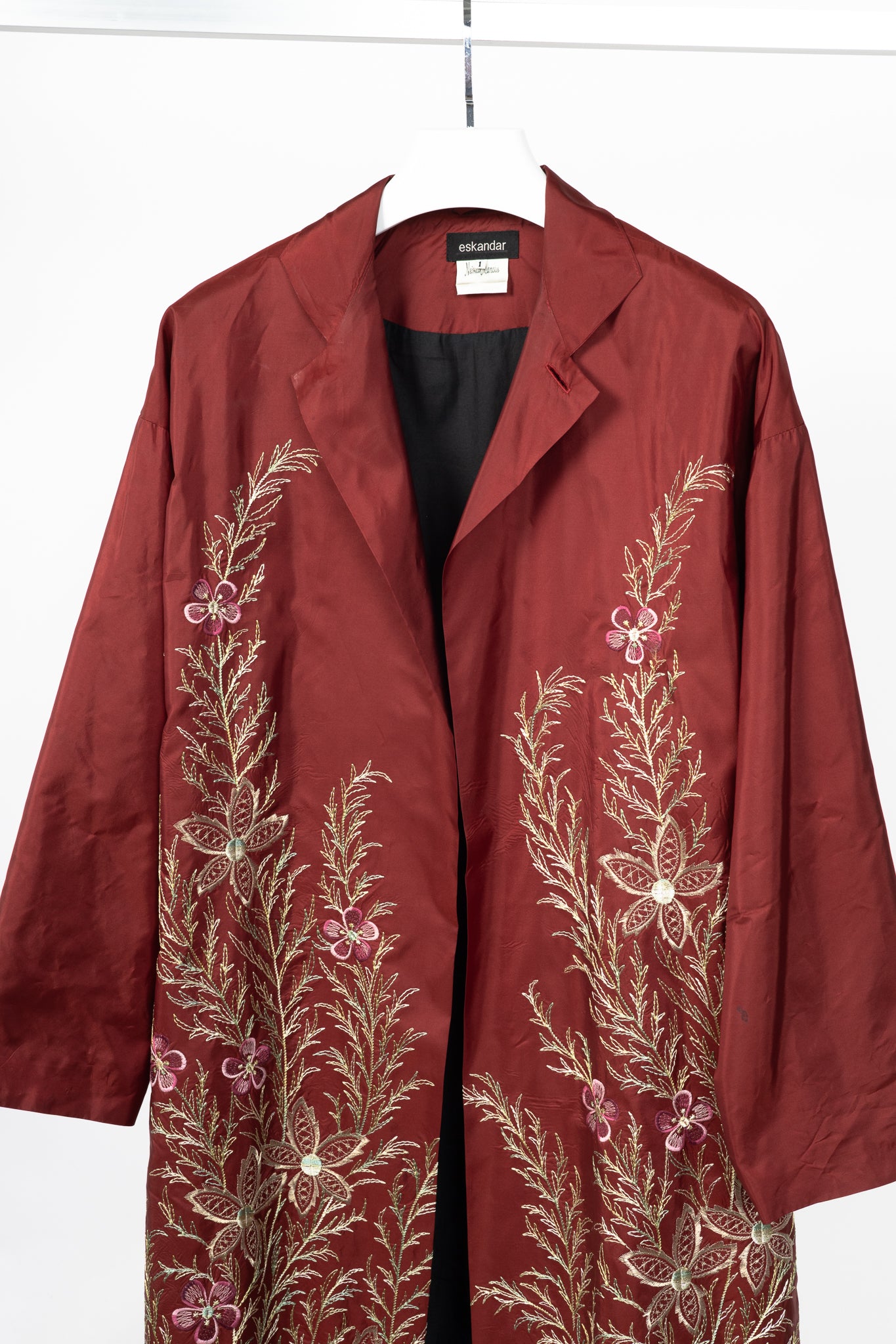 eskandar Red Silk Taffeta Floral-Embroidered Topper Coat
